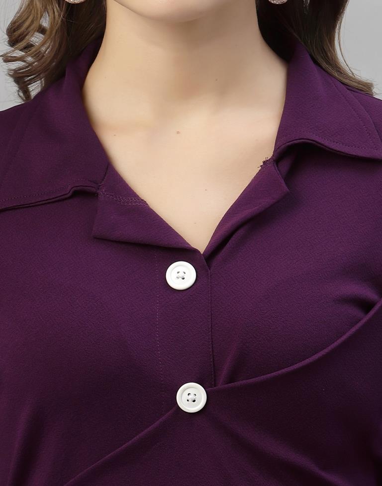 Wine Puff Sleeve Collared Dress