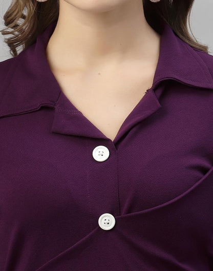 Wine Puff Sleeve Collared Dress