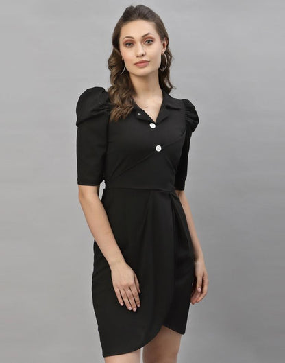 Black Puff Sleeve Collared Dress