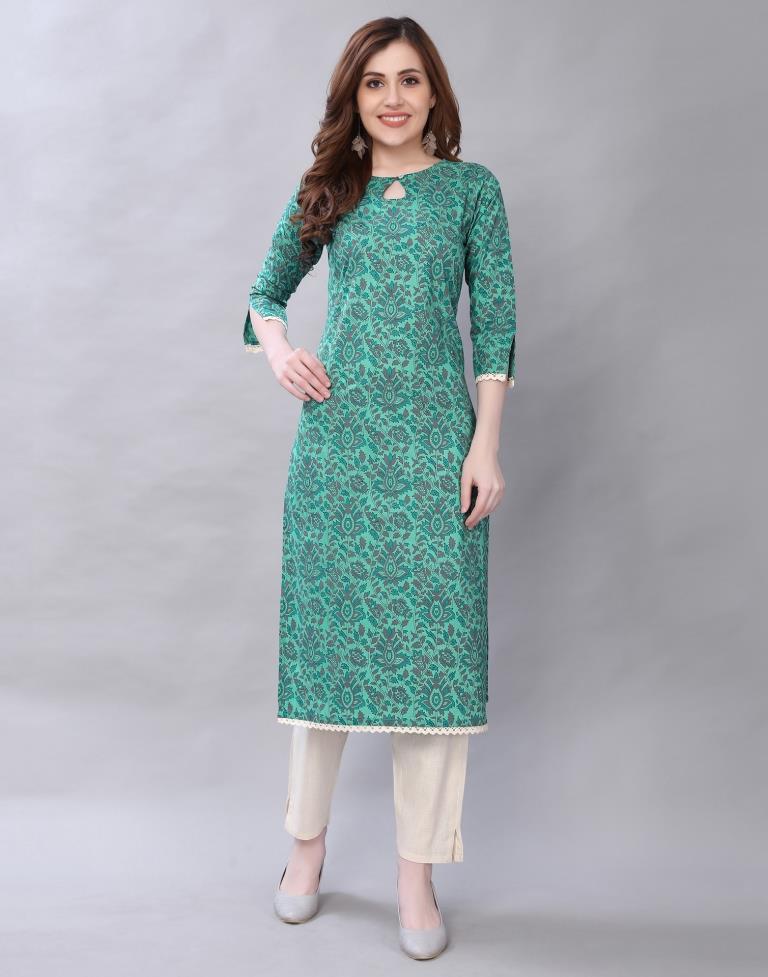 Engrossing Aqua Green Coloured Table Printed Cotton Kurti  | SLV349K1042