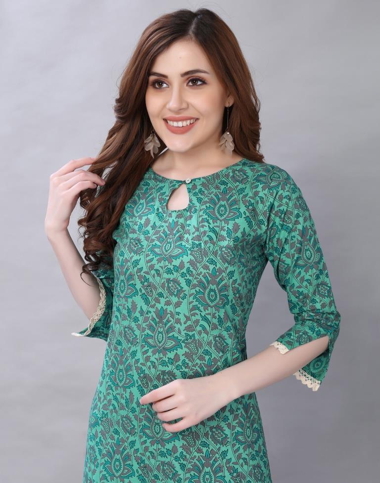 Engrossing Aqua Green Coloured Table Printed Cotton Kurti  | SLV349K1042