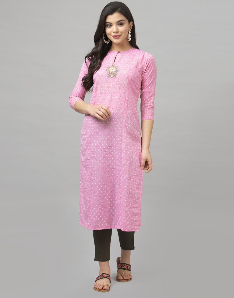 Sparkling Pink Coloured Embroidered Cotton Kurti | SLV355K101