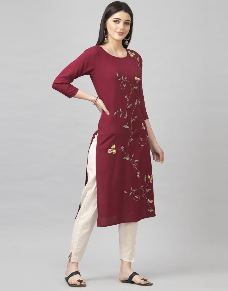 Maroon Coloured Embroidered Rayon Kurti | SLV355K105