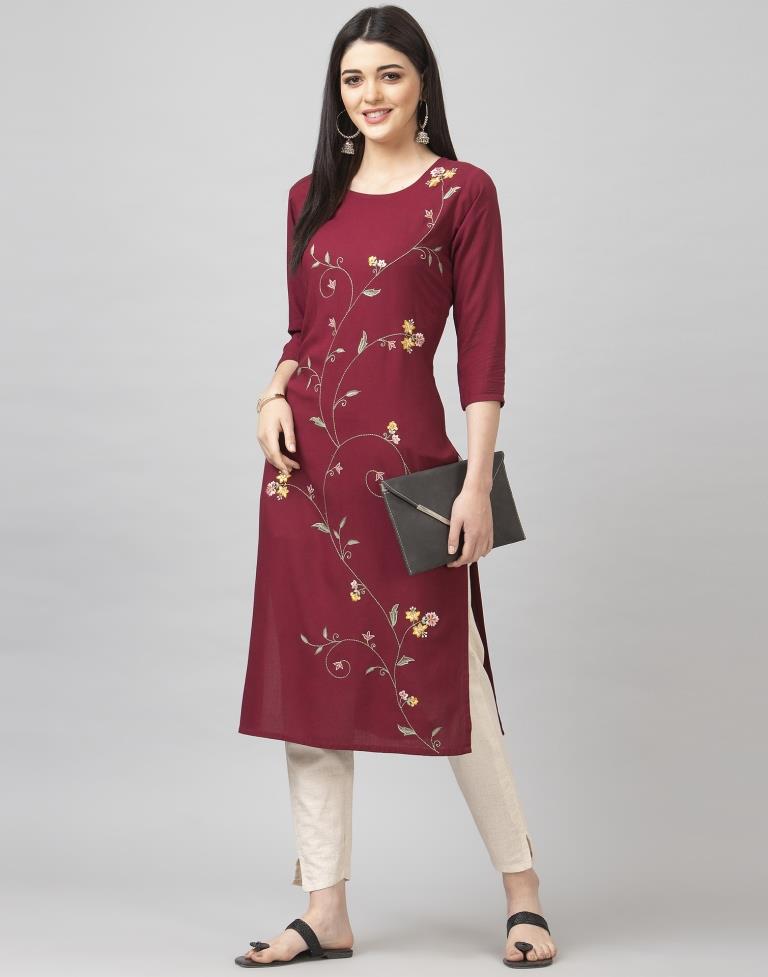 Maroon Coloured Embroidered Rayon Kurti | SLV355K105