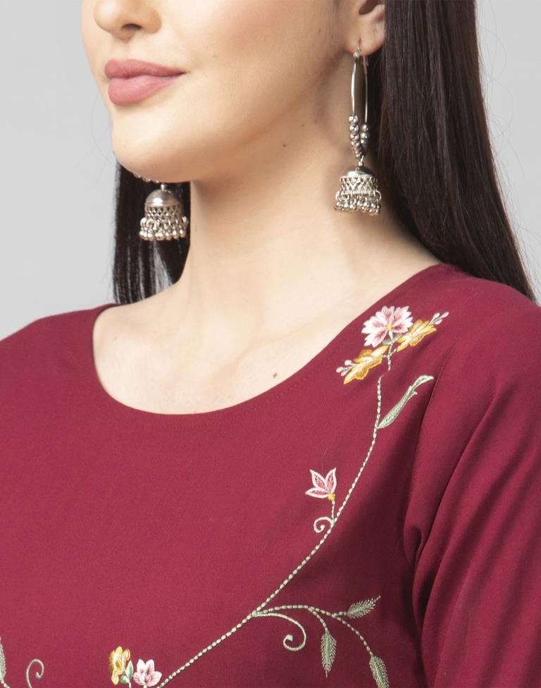 Maroon Coloured Embroidered Rayon Kurti | SLV355K105