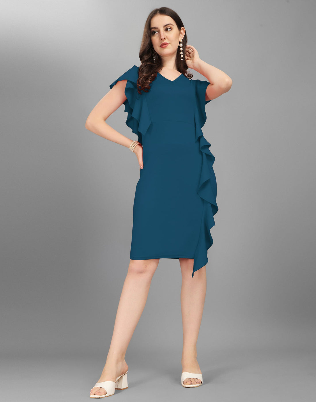 Teal Blue Ruffled Bodycon Dress