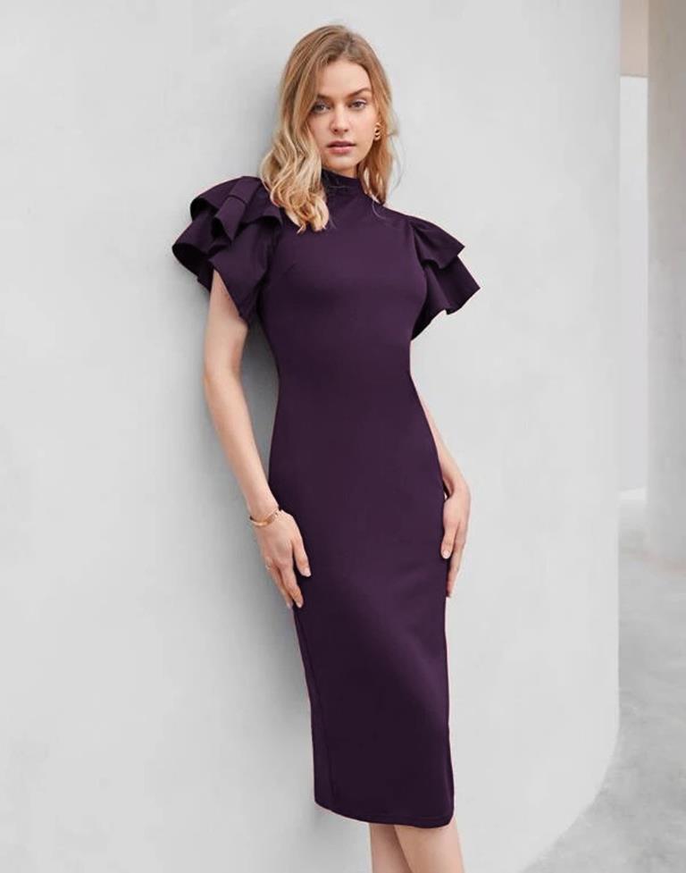 Wine Ruffled Pencil Bodycon