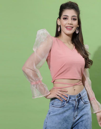 Peach Puff Sleeve With Strap Top