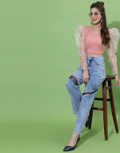 Peach Puff Sleeve With Strap Top