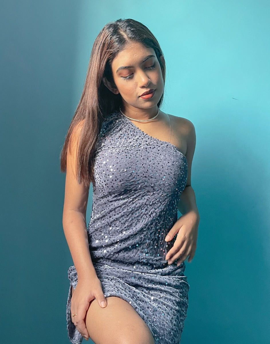 Grey One Shoulder sequin Bodycon