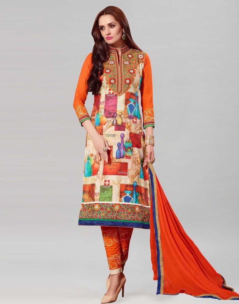 Orange Cotton Printed Embroidered Unstitched Salwar Suit