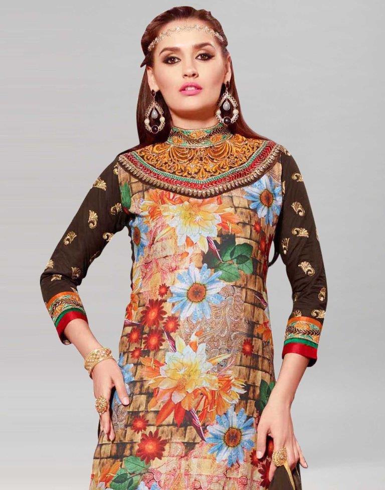 Brown Cotton Printed Embroidered Unstitched Salwar Suit