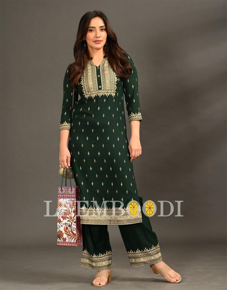 Bottle Green Coloured Rayon Foil Printed Kurti With Palazzo | SLV377K2001_234TK291