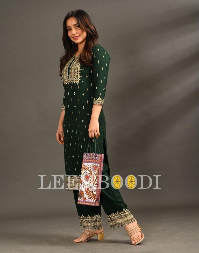 Bottle Green Coloured Rayon Foil Printed Kurti With Palazzo | SLV377K2001_234TK291