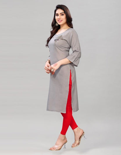 Grey Coloured Embroidered Diva Slub Kurti | SLV379K171