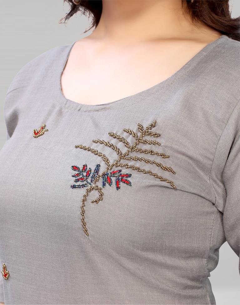Grey Coloured Embroidered Diva Slub Kurti | SLV379K171