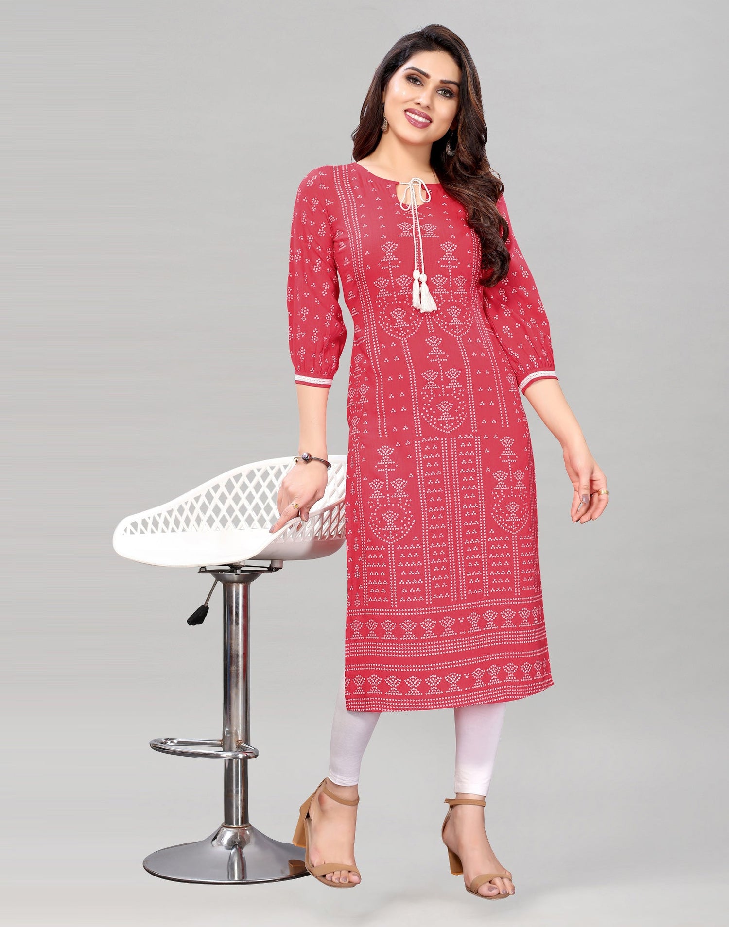 Coral Pink Bandhani Printed Kurti