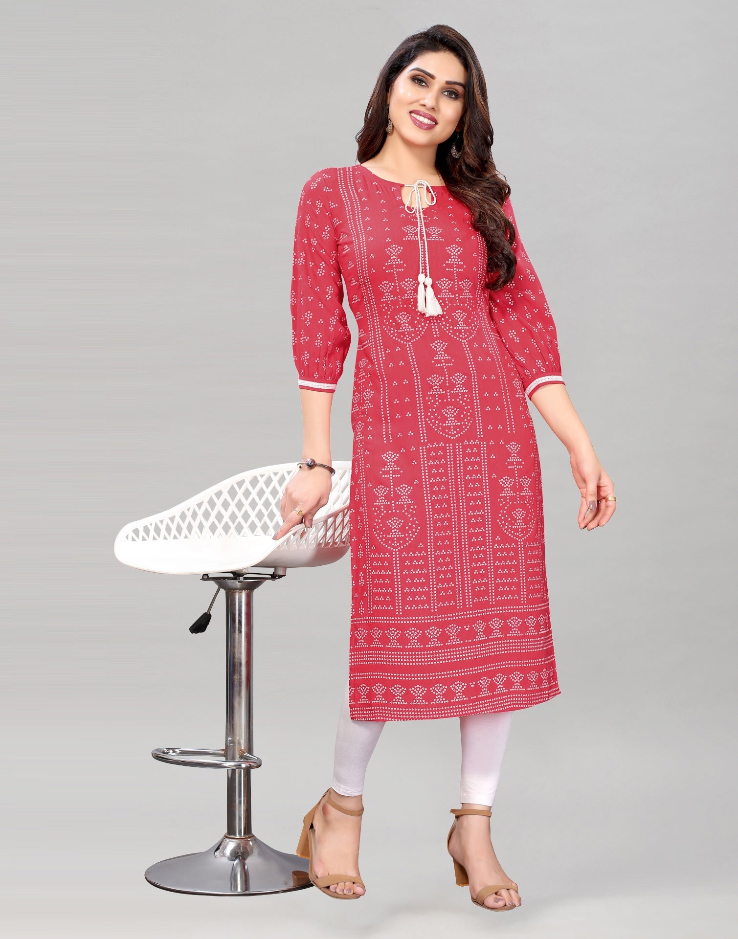 Coral Pink Bandhani Printed Kurti