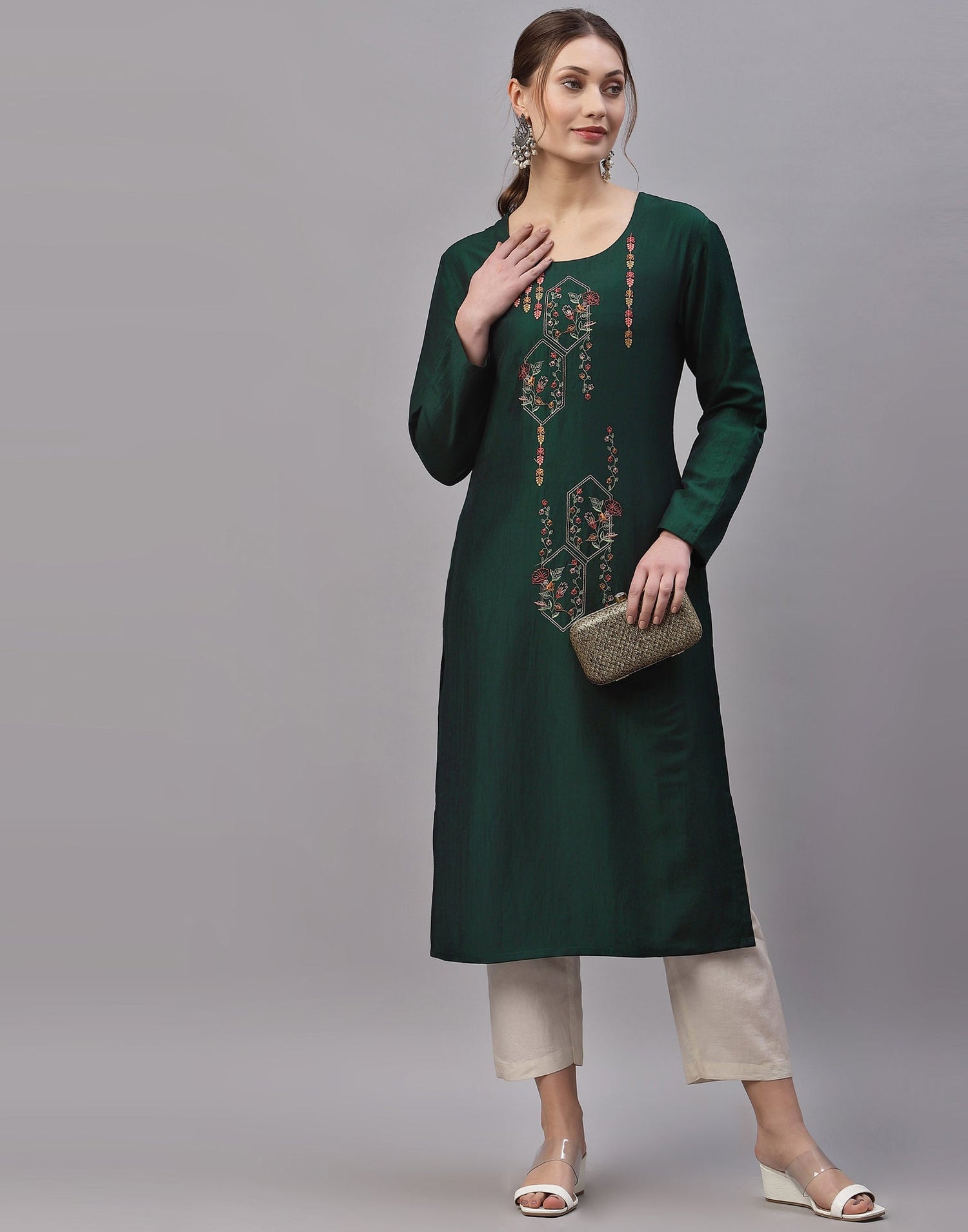 Dark Green Embroidered Kurti