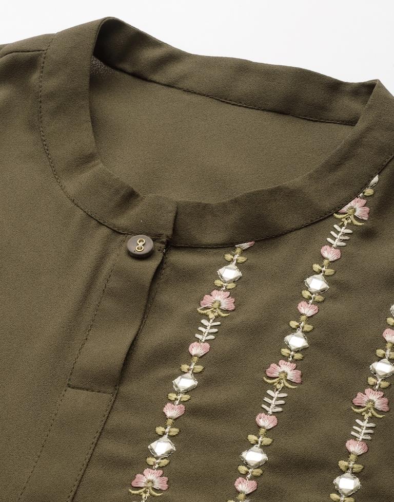 Olive Green Embroidered Kurti