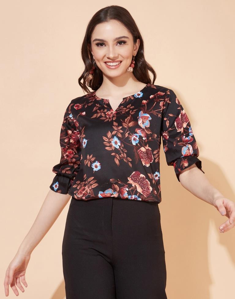 Black And Multicolour Floral Printed Top