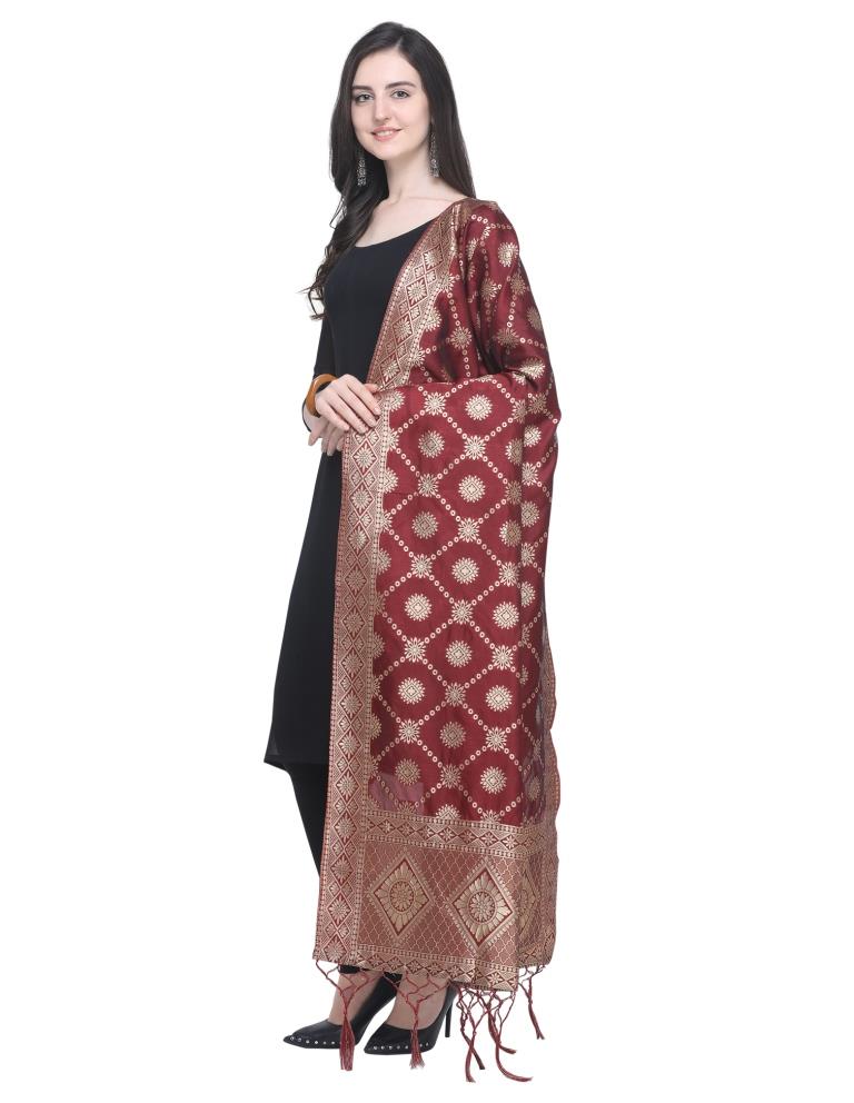 Appealing Maroon Coloured Poly Silk Jacquard Banarasi Dupatta | SLV45FD104