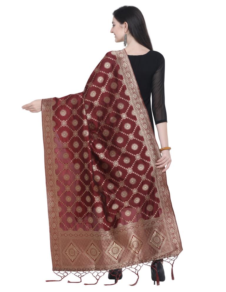 Appealing Maroon Coloured Poly Silk Jacquard Banarasi Dupatta | SLV45FD104