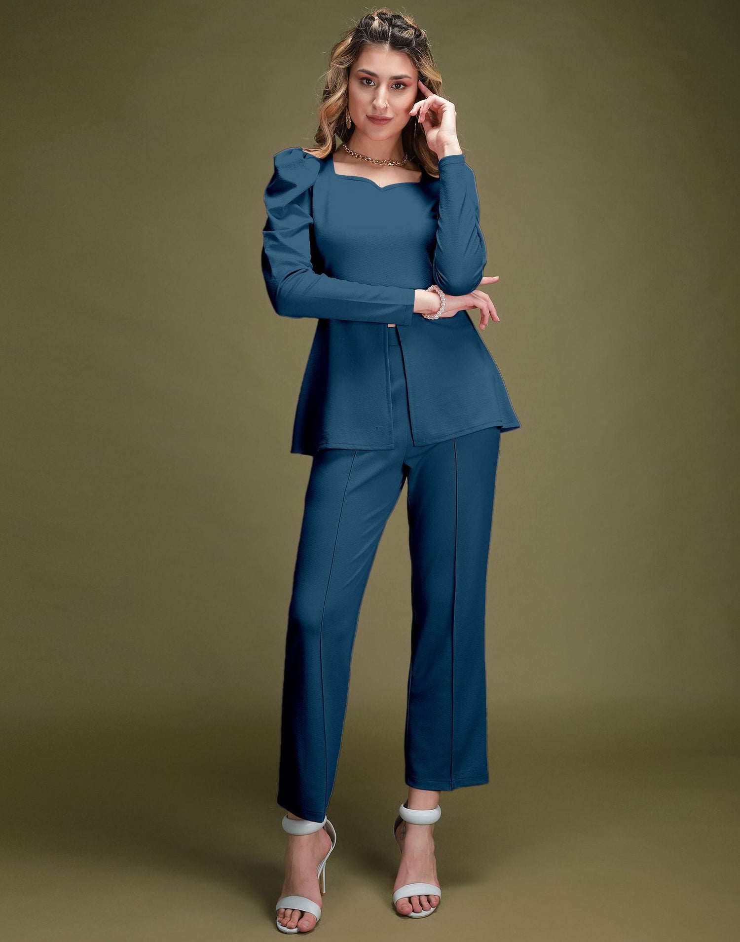 Light Navy Blue Puff Sleeve Solid Co-Ords Set