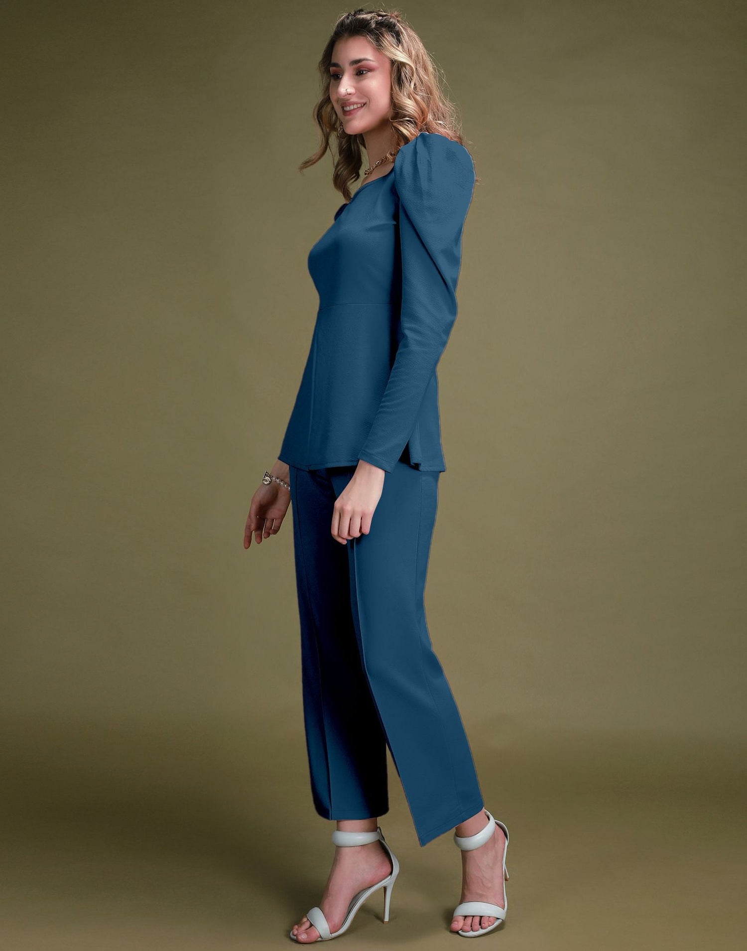 Light Navy Blue Puff Sleeve Solid Co-Ords Set