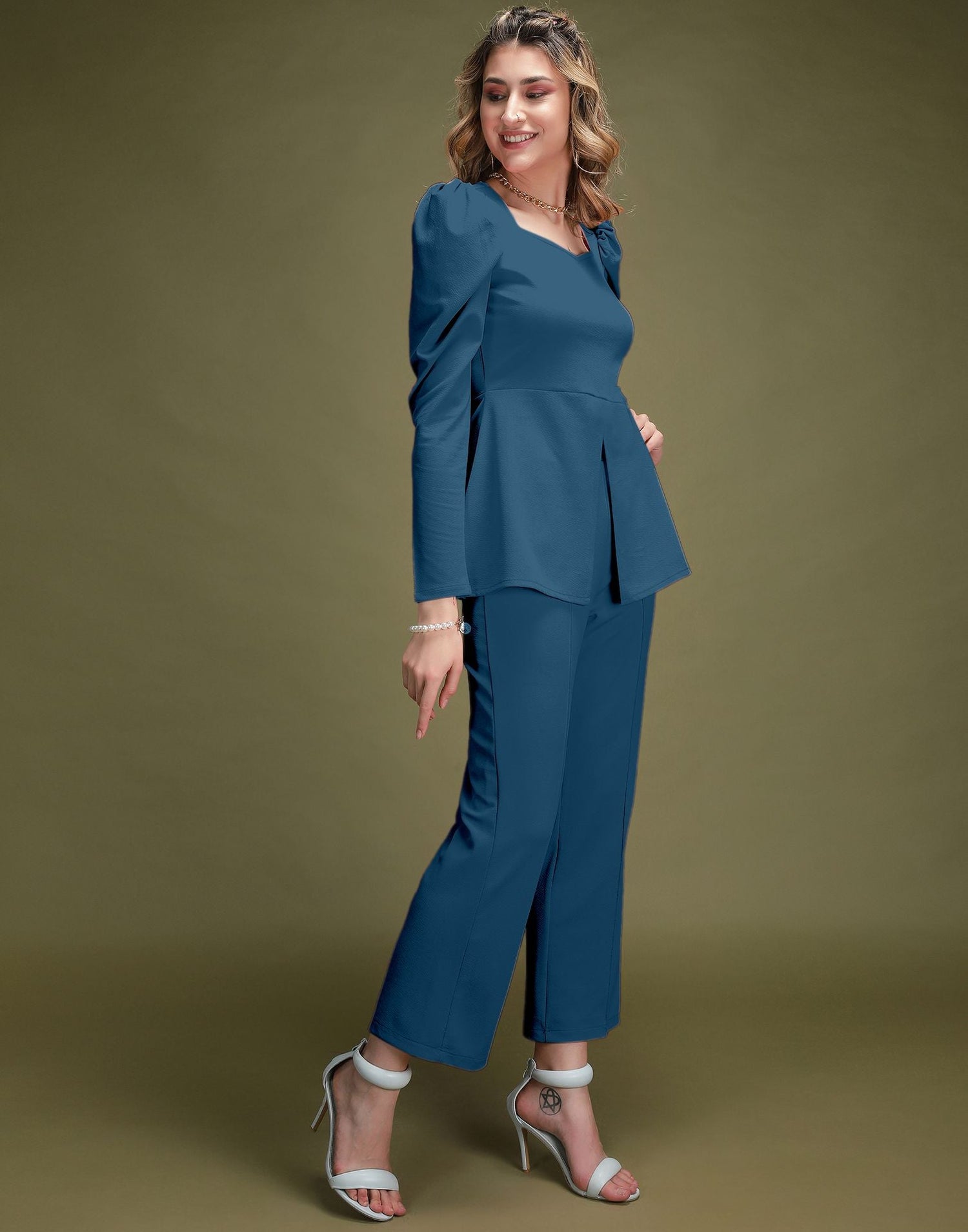 Light Navy Blue Puff Sleeve Solid Co-Ords Set