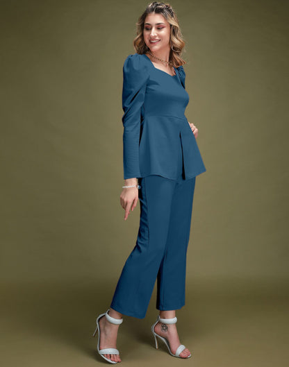 Light Navy Blue Puff Sleeve Solid Co-Ords Set