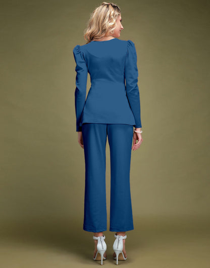 Light Navy Blue Puff Sleeve Solid Co-Ords Set