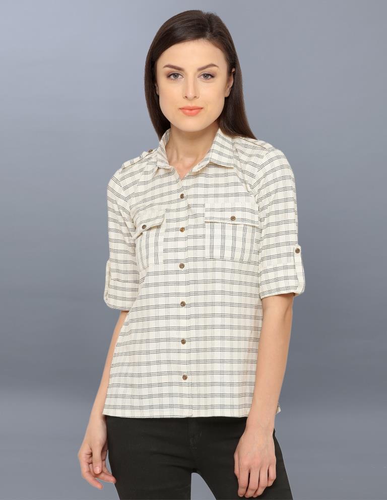 Idyiic Off White Coloured Woven Checks Cotton Tops | SLV51TK1021