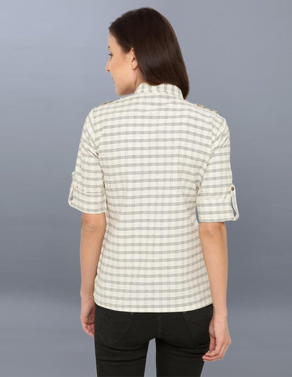 Idyiic Off White Coloured Woven Checks Cotton Tops | SLV51TK1021