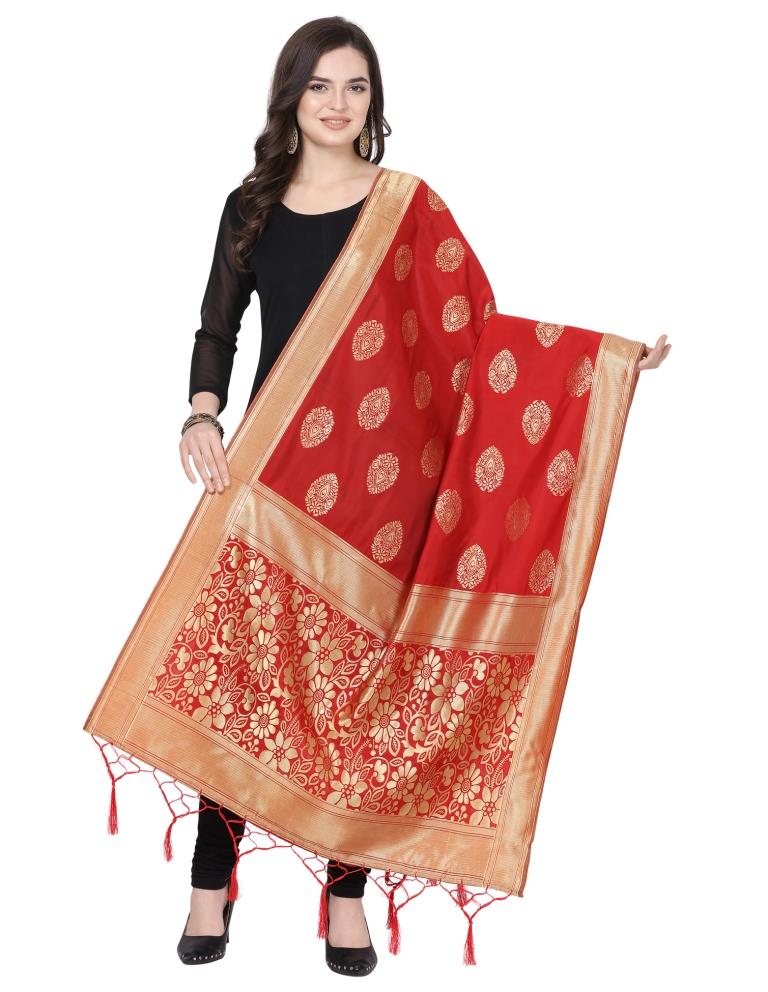 Ethereal Red Coloured Poly Silk Jacquard Banarasi Dupatta | SLV64FD509