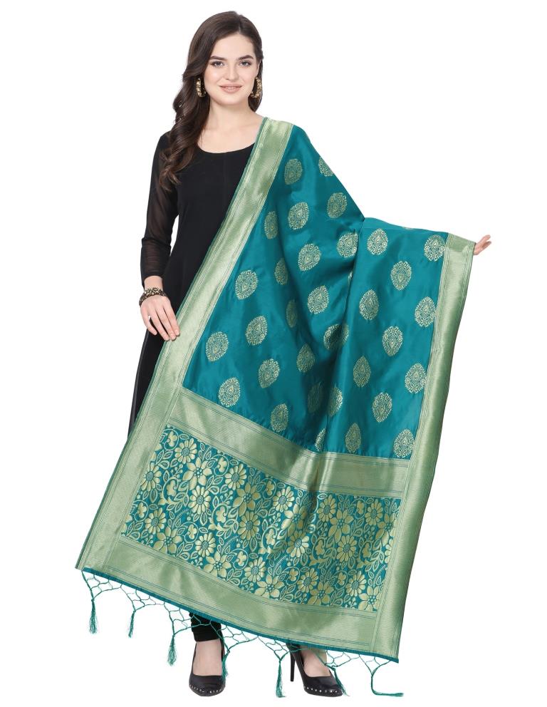 Auspicious Turquoise Coloured Poly Silk Jacquard Banarasi Dupatta | SLV64FD510