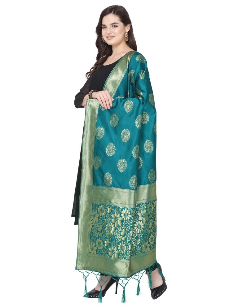Auspicious Turquoise Coloured Poly Silk Jacquard Banarasi Dupatta | SLV64FD510