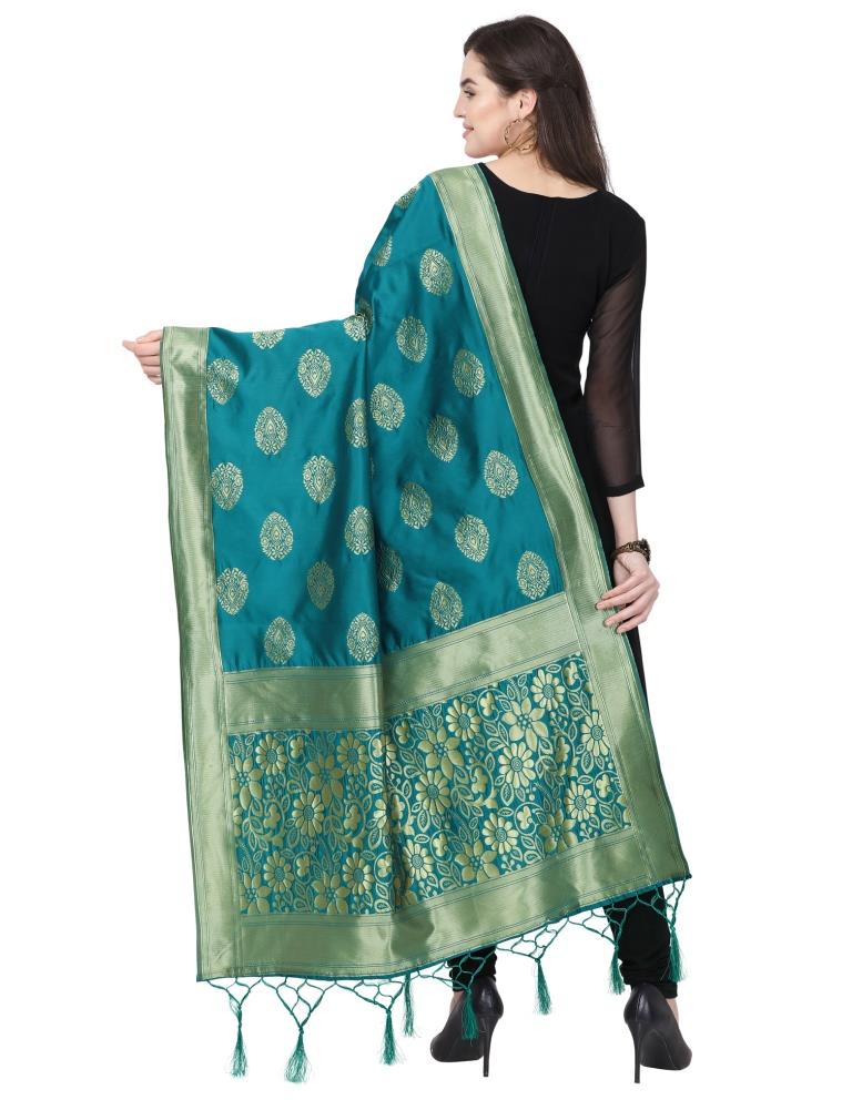 Auspicious Turquoise Coloured Poly Silk Jacquard Banarasi Dupatta | SLV64FD510