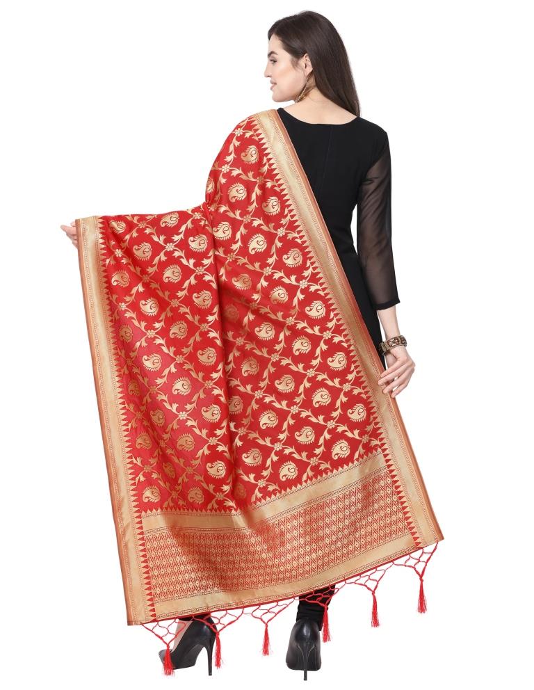 Lustrous Red Coloured Poly Silk Jacquard Banarasi Dupatta | SLV64FD520