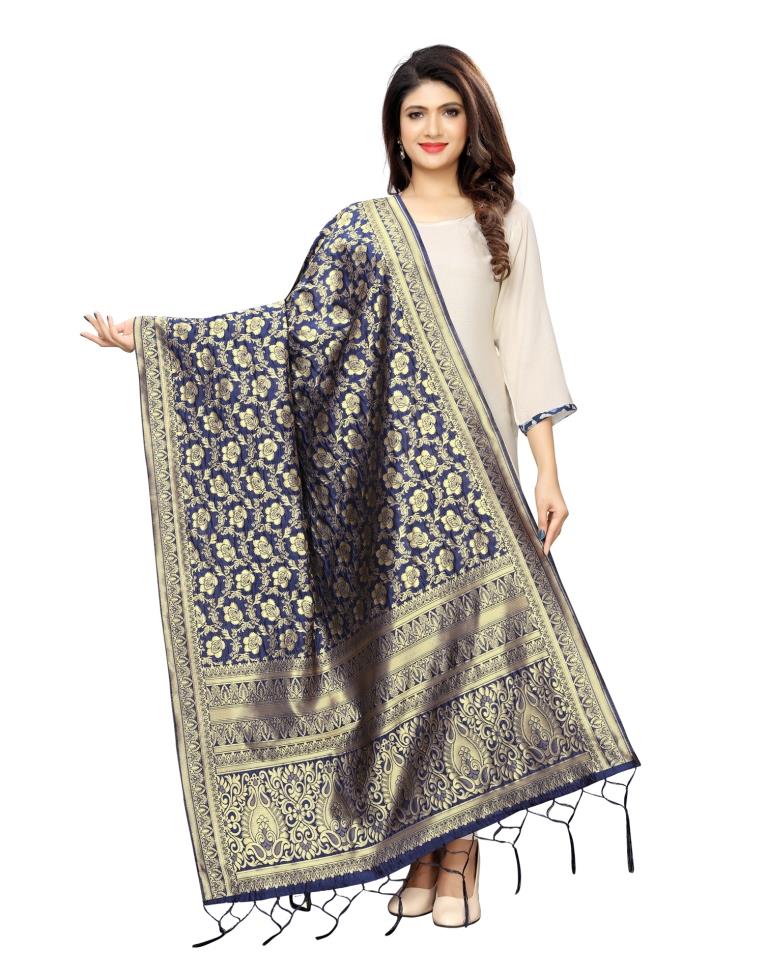 Fabulous Navy Blue Coloured Poly Silk Jacquard Banarasi Dupatta | SLV69FD554