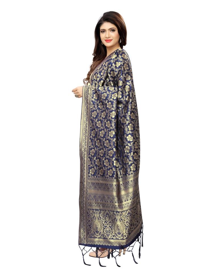 Fabulous Navy Blue Coloured Poly Silk Jacquard Banarasi Dupatta | SLV69FD554