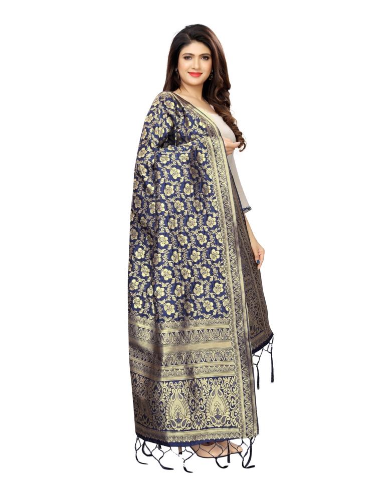 Fabulous Navy Blue Coloured Poly Silk Jacquard Banarasi Dupatta | SLV69FD554