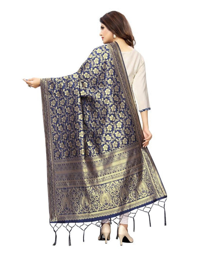 Fabulous Navy Blue Coloured Poly Silk Jacquard Banarasi Dupatta | SLV69FD554