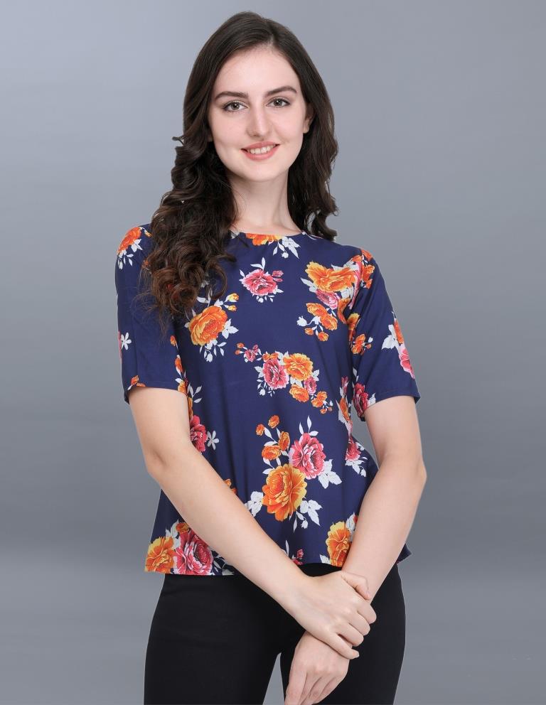 Beauteous Navy Blue Coloured Printed Crepe Tops | SLV69TK2175