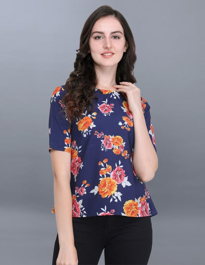 Beauteous Navy Blue Coloured Printed Crepe Tops | SLV69TK2175