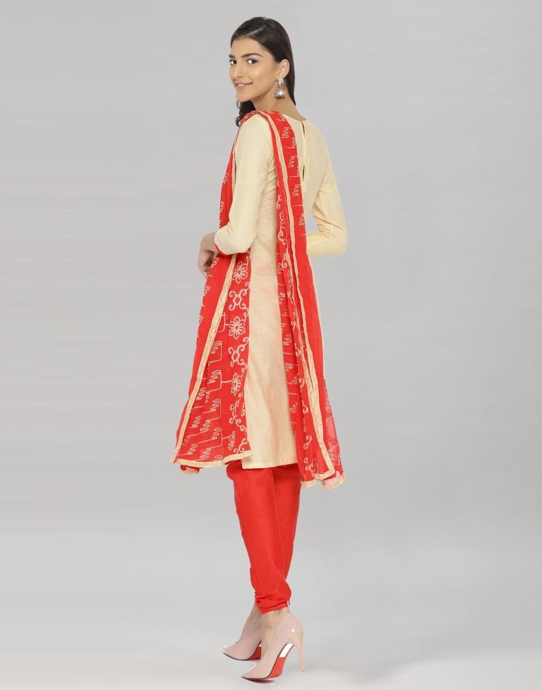 Beige Cotton Embroidered Printed Unstitched Salwar Suit