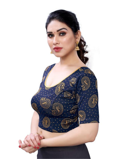 Glossy Navy Blue Coloured Lycra Knitted Stitched Blouse | SLV7B214