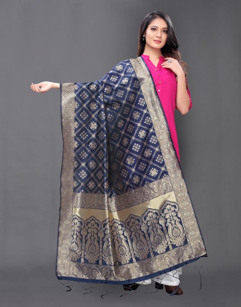 Impressive Navy Blue Coloured Poly Silk Jacquard Dupatta | SLV81FD293