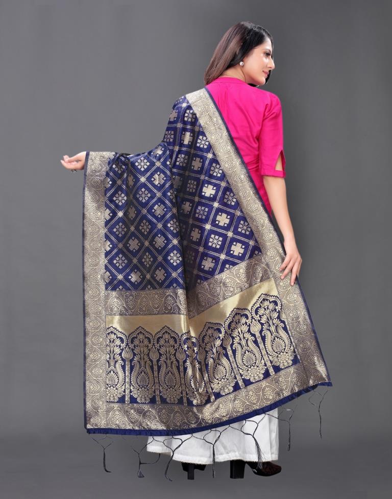 Impressive Navy Blue Coloured Poly Silk Jacquard Dupatta | SLV81FD293