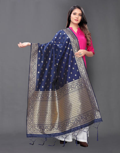 Royal Navy Blue Coloured Poly Silk Jacquard Dupatta | SLV81FD303